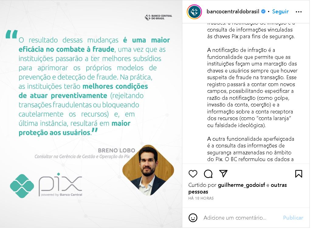 Anúncio importante sobre o PIX, feito pelo Banco Central em seu Instagram - Foto Reprodução Instagram