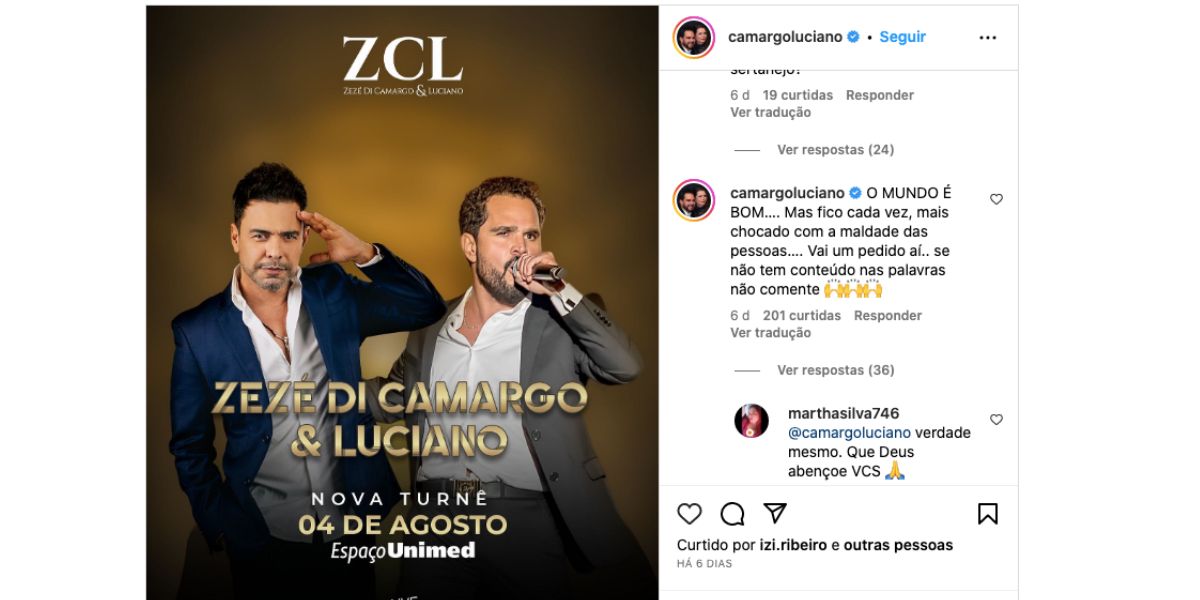 Anúncio de nova turnê de Zezé Di Camargo e Luciano (Foto: Reprodução / Instagram)