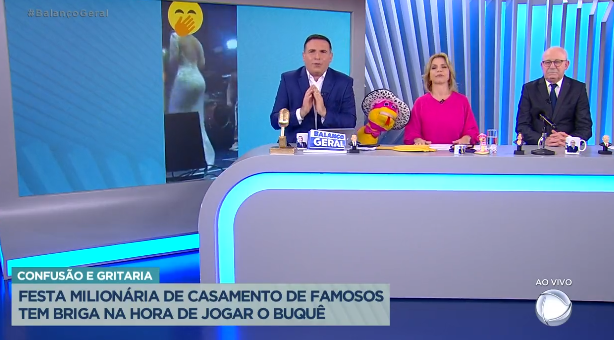 Gottino, Keila Jimenez e Lombardi na bancada da "Hora da Venenosa" do "Balanço Geral" da Record (Foto Reprodução/PlayPlus)