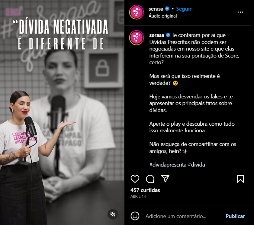 Serasa ajuda brasileiros a identificar o que é fake ou fato quanto às informações sobre dívidas que circulam (Foto Reprodução/Instagram) 