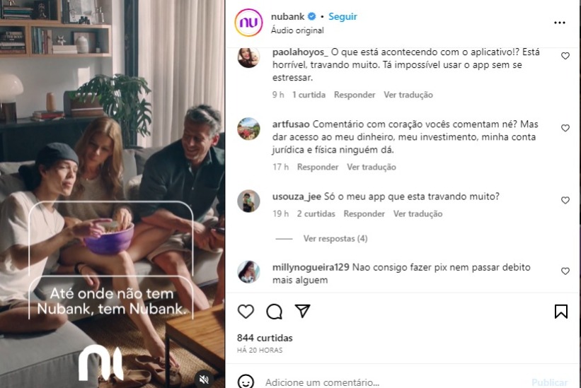 Clientes do Nubank reclamando de situação do aplicativo em publicação do Instagram do banco - Foto Reprodução Instagram