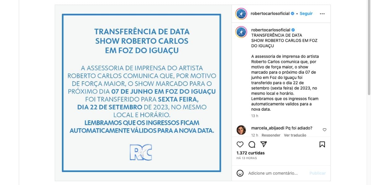 Comunicado sobre cancelamento de show de Roberto Carlos (Foto: Reprodução / Instagram)