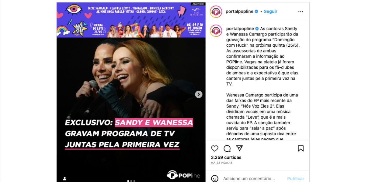 Comunicado sobre Wanessa Camargo e Sandy (Foto" Reprodução / Instagram)