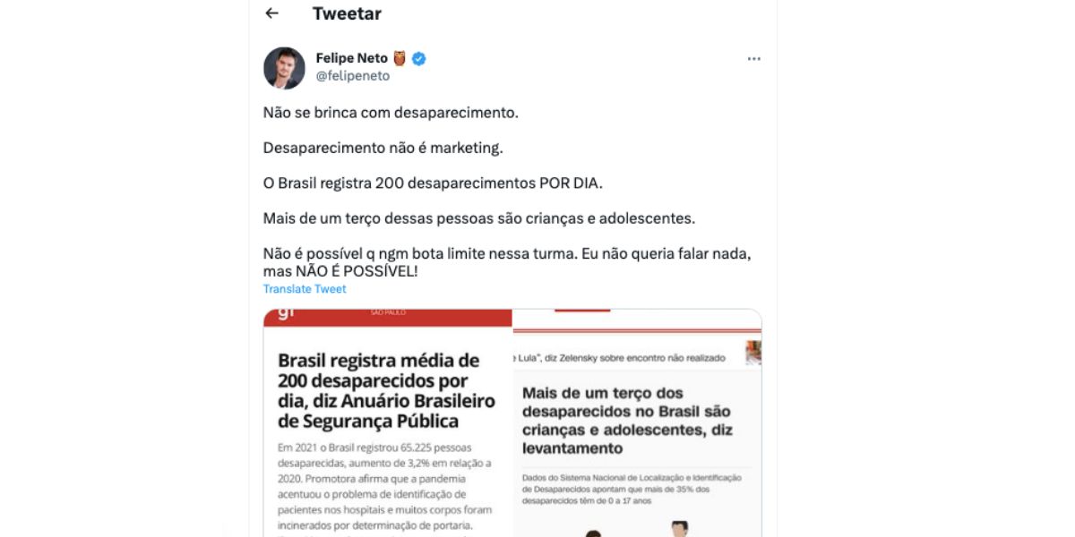 Felipe Neto detona atitude de famosa (Foto: Reprodução Twitter) 