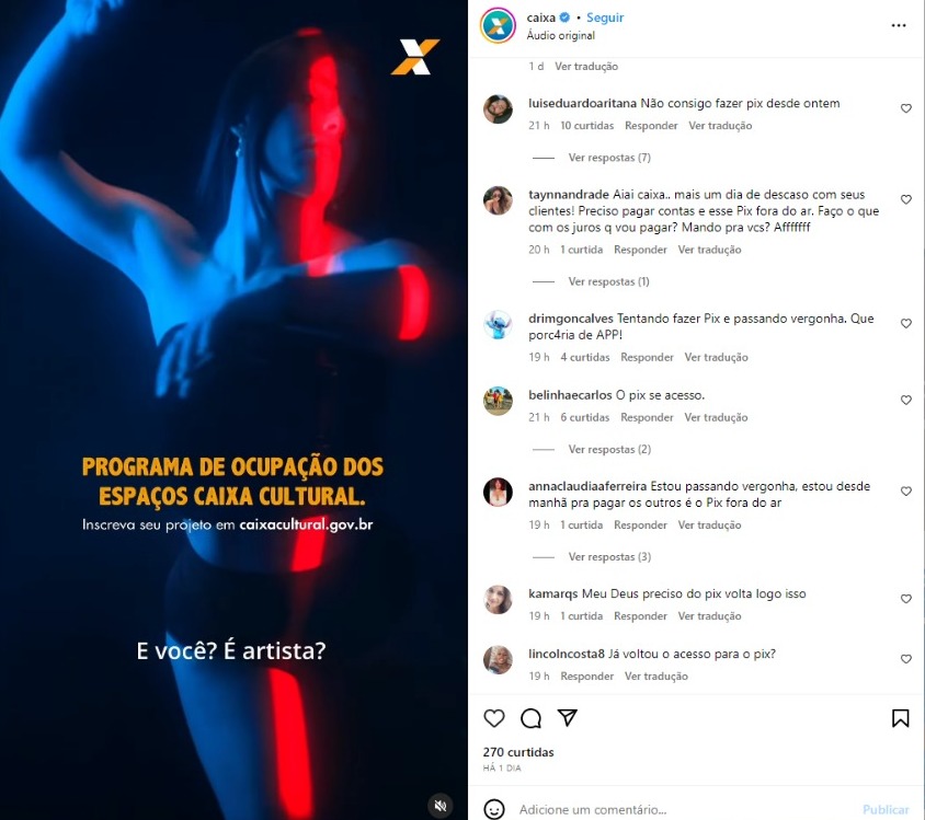 Clientes da Caixa relatando problema com o Pix em publicação do banco na rede social Instagram - Foto Reprodução Instagram