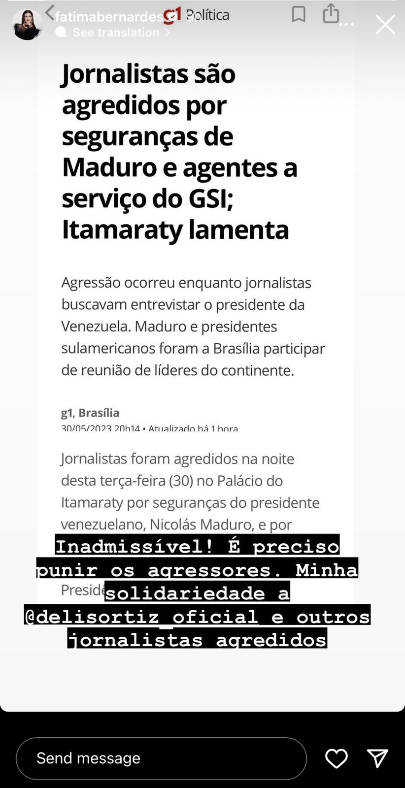 Imagem do storys da apresentadora Fátima Bernardes - Foto Reprodução Instagram