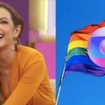 Patrícia Poeta no Encontro, bandeira LGBTQQICAAPF2K+ e logo da Globo (Fotos: Reproduções / Globo / Internet) 