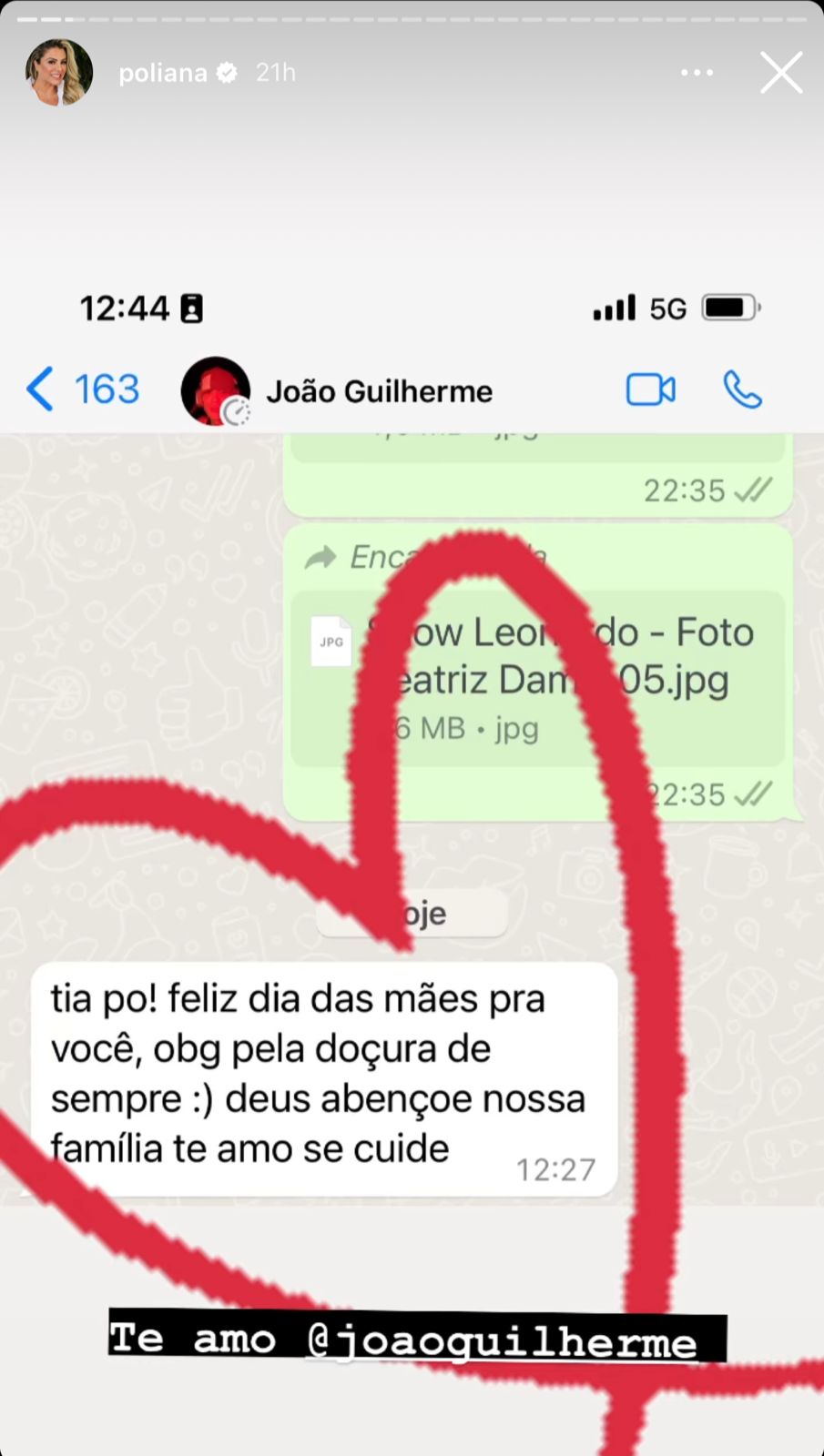 Poliana Rocha entrega print de conversa com João Guilherme, no Dia das Mães - Foto Reprodução Instagram