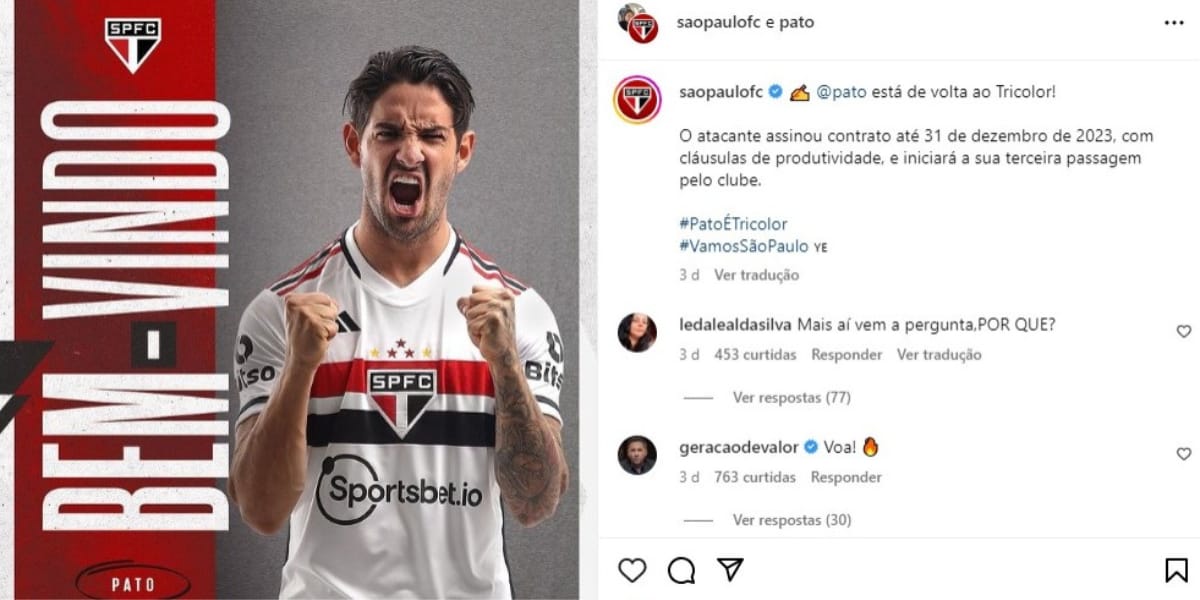 O jogador vai fazer sua terceira passagem pelo São Paulo (Reprodução: Instagram)