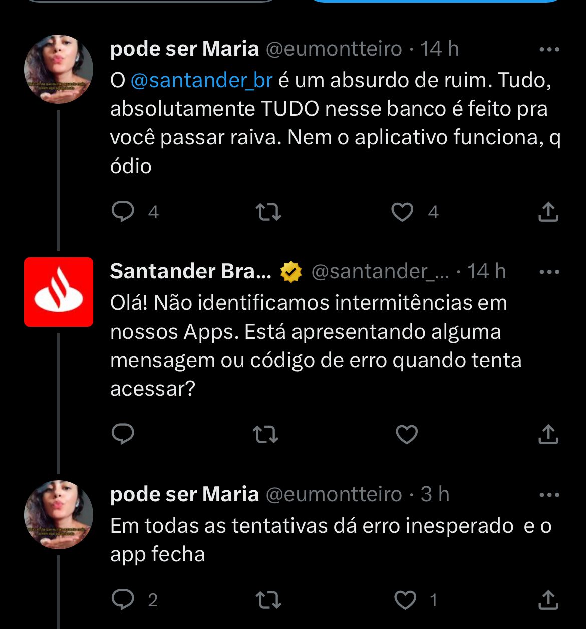 Situação do Santander está enfurecendo clientes HOJE (03) - Foto Reprodução Twitter