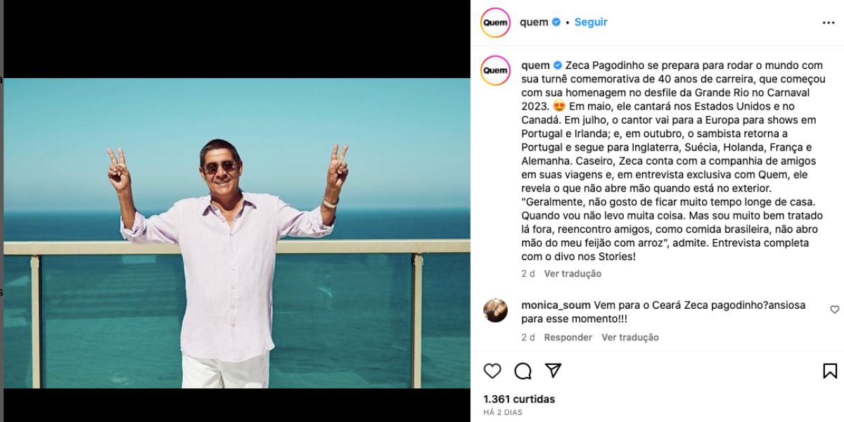 Zeca Pagodinho fala sobre viagens (Foto: Reprodução / Instagram)