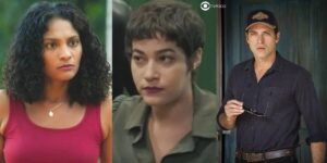 Aline, Isabel e Marino em cenas de Terra e Paixão (Foto: Reprodução / Globo / Montagem TV Foco)