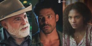 Caio, Antônio e Aline em cenas de Terra e Paixão (Foto: Reprodução / Globo)