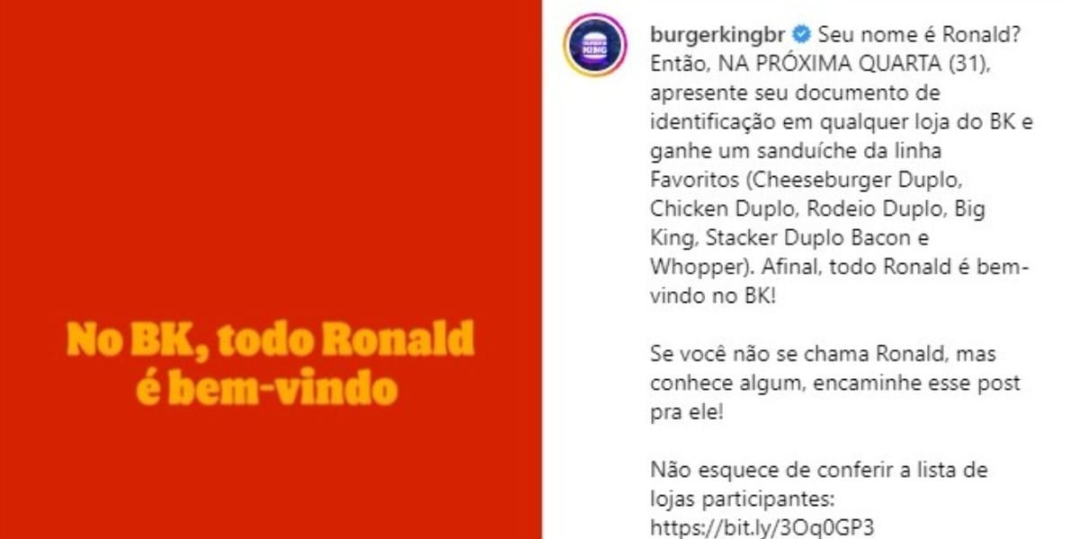 BK dará lanche de graça para todos que se chamarem Ronald (Reprodução: Instagram)