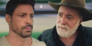 Caio (Cauã Reymond) e Antônio (Tony Ramos) em cenas de Terra e Paixão (Foto: Reprodução / Globo / Montagem TV Foco)