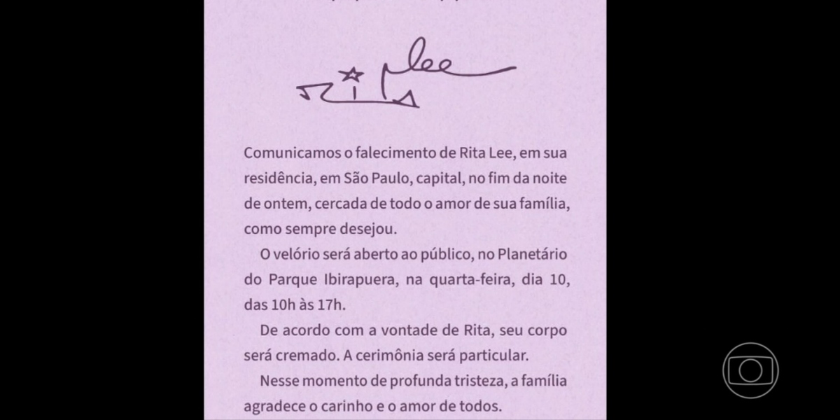 Comunicado da morte de Rita Lee (Foto: Reprodução/TV Globo)