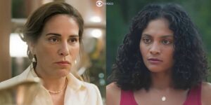 Irene (Gloria Pires) e Aline (Barbara Reis) em cenas de Terra e Paixão (Foto: Reprodução / Globo)