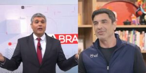 Joel Datena e Edu Guedes nos estúdios da Band (Reprodução: Montagem TV Foco)