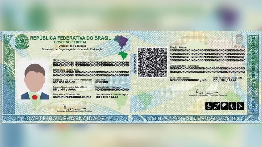 Modelo da nova Carteira de Identidade Nacional. Foto: Reprodução/Internet