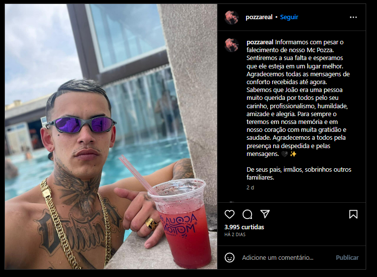 Nota de luto postada no Instagram do cantor MC Pozza (Foto: Reprodução, Instagram)