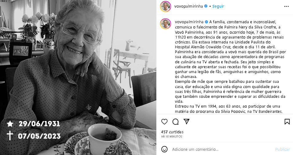 Palmirinha morreu aos 91 anos (Foto: Reprodução/ Instagram)