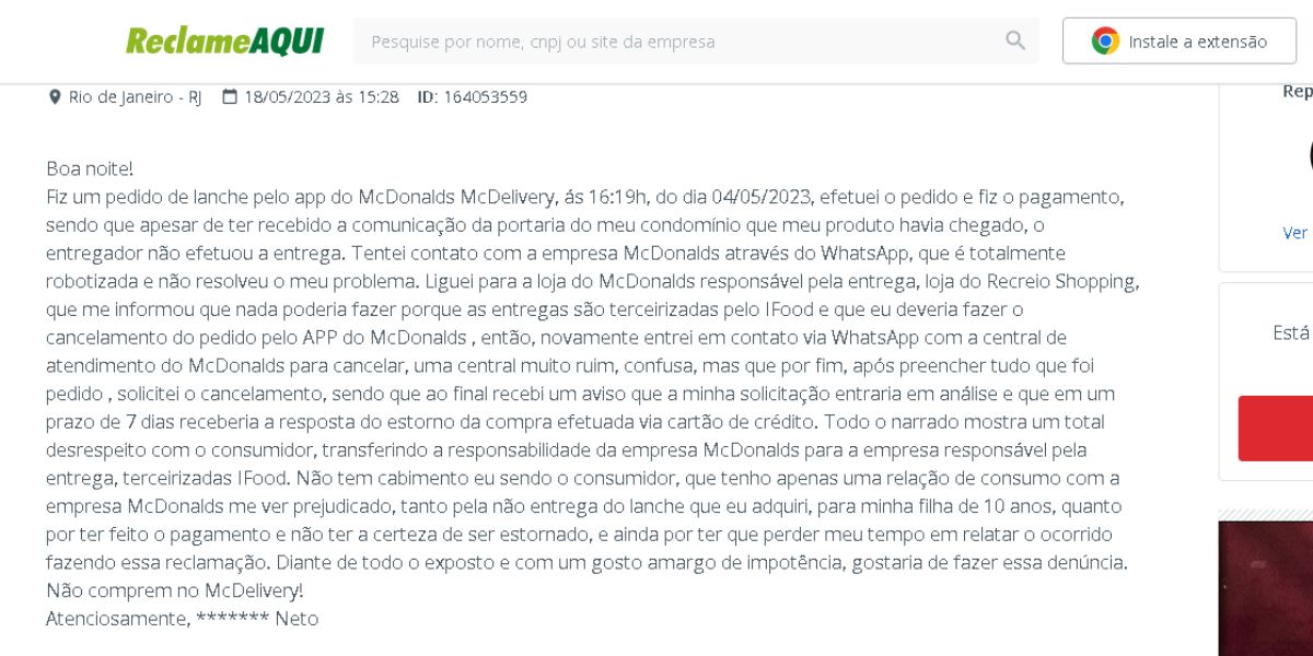 Cliente reclama que pediu e pagou pedido no McDonald's mas não recebeu (Reprodução - Reclame Aqui)