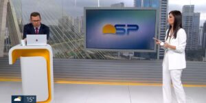 Rodrigo Bocardi e Sabina Simonato nos estúdios do BDSP (Reprodução: Globo)