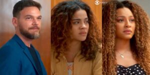 Theo, Jenifer e Sol em cenas de Vai na Fé (Foto: Reprodução / Globo)