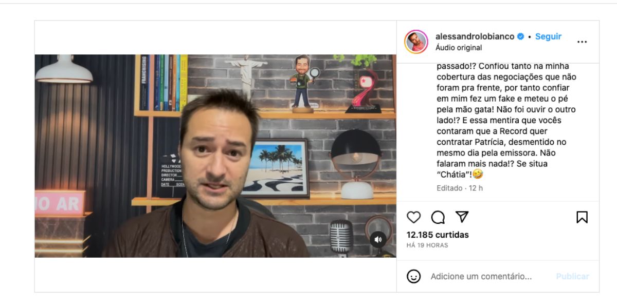 Alessandro Lo-Bianco expõe programa de Catia Fonseca (Foto: Reprodução / Instagram)