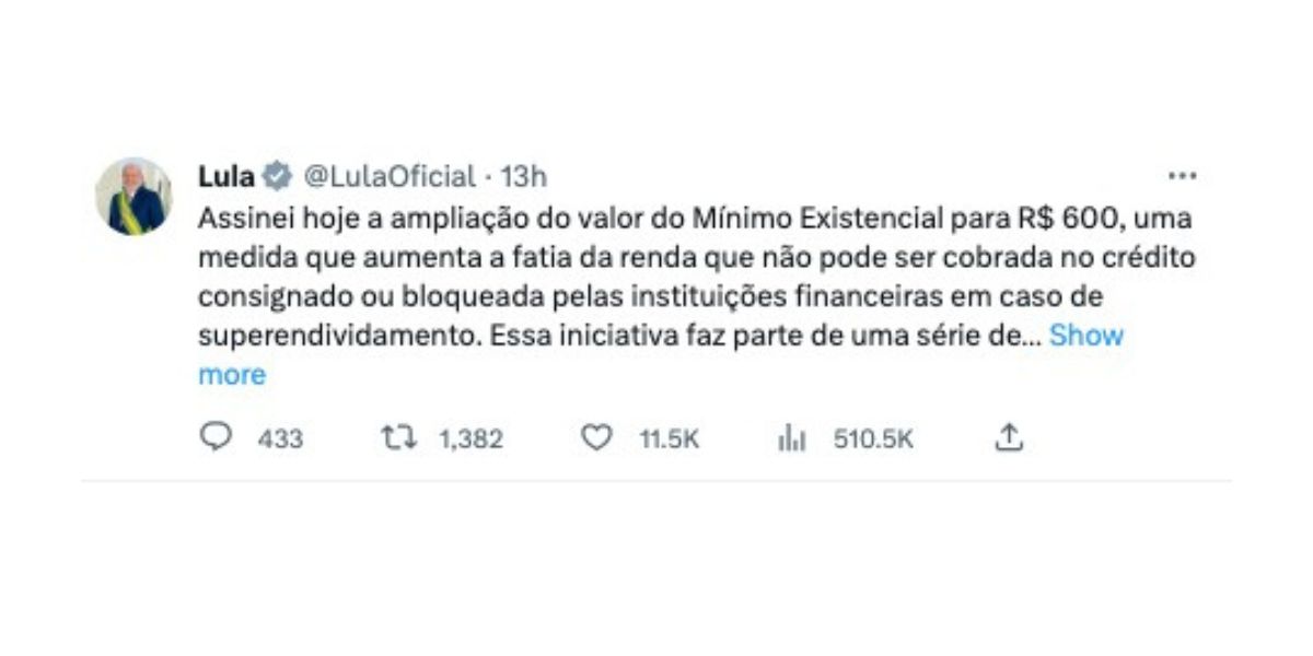 Anúncio de Lula sobre ampliação do mínimo existencial (Foto: Reprodução / Twitter) 