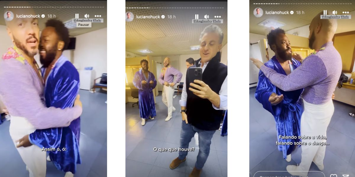 Belo, Douglas Silva e Luciano Huck nos bastidores da Globo (Foto: Reprodução / Instagram) 