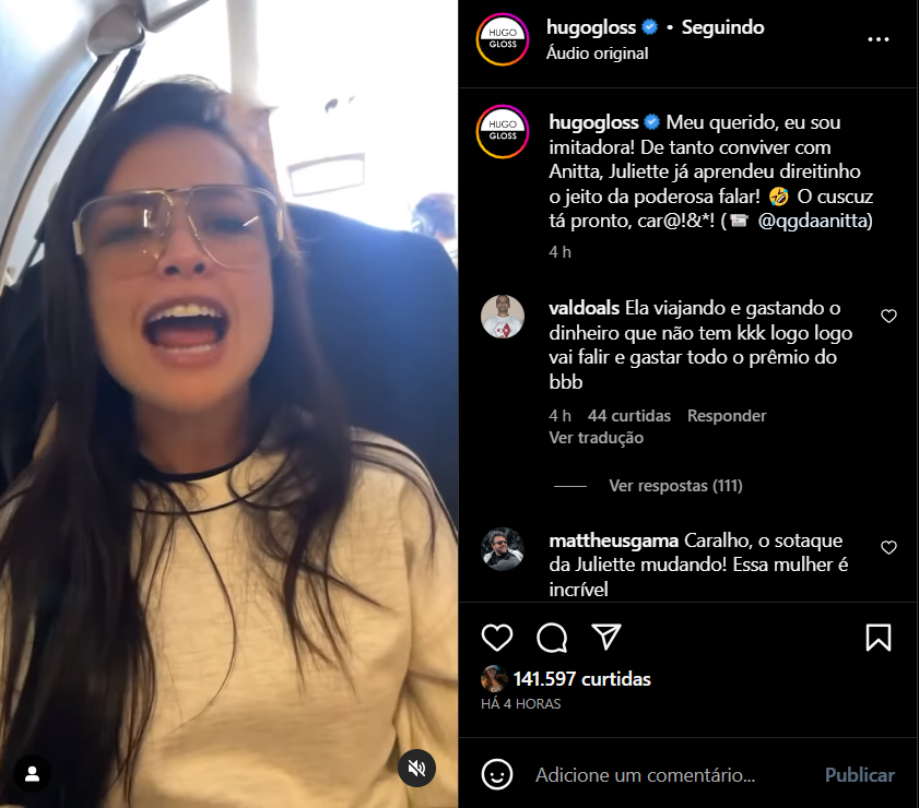 Publicação nas redes sociais aonde Juliette imida Anitta (Foto Reprodução/Instagram)