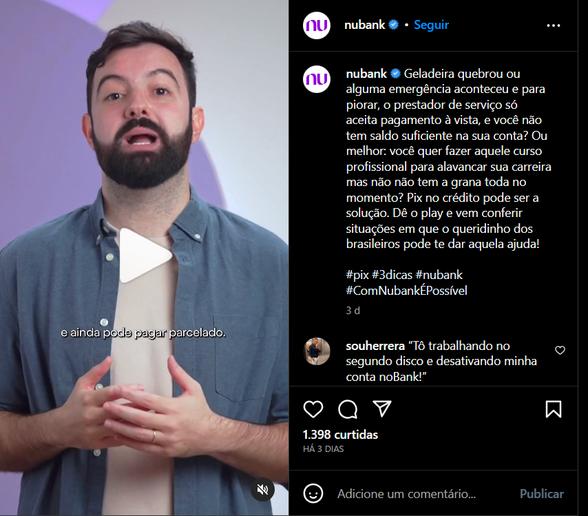 Nubank explica a função pix no crédito por meio das suas redes sociais (Foto Reprodução/Internet)