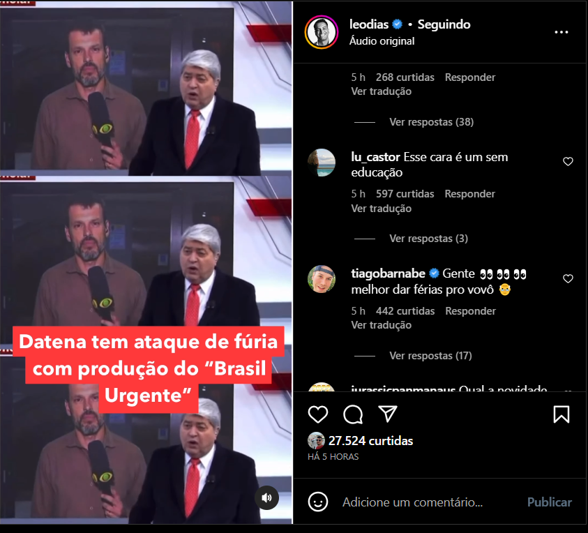 Publicação de Leo Dias com o vídeo exibido de Datena "surtando" com sua equipe (Foto Reprodução/Instagram)