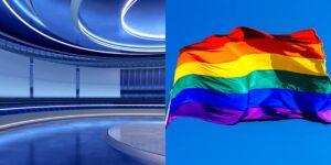Estúdio de televisão vazio ao lado de bandeira do arco-íris (Reprodução - Internet)