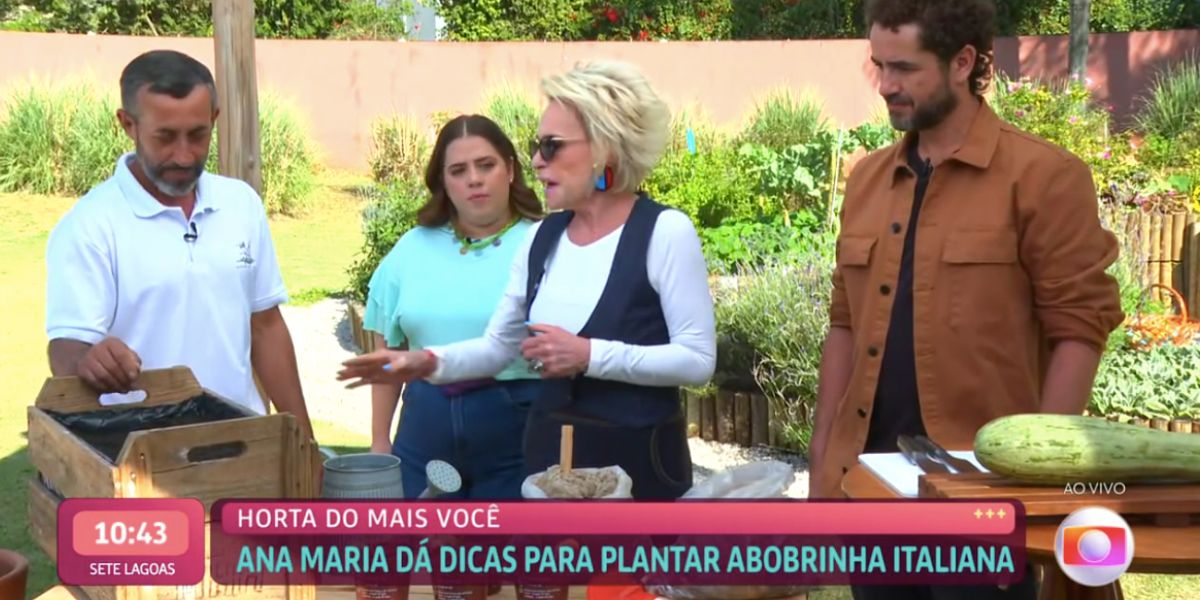 Especialista, Tati Machado, Ana Maria e Felipe Andreolli na horta da emissora (Foto: Reprodução / Mais Você da Globo)