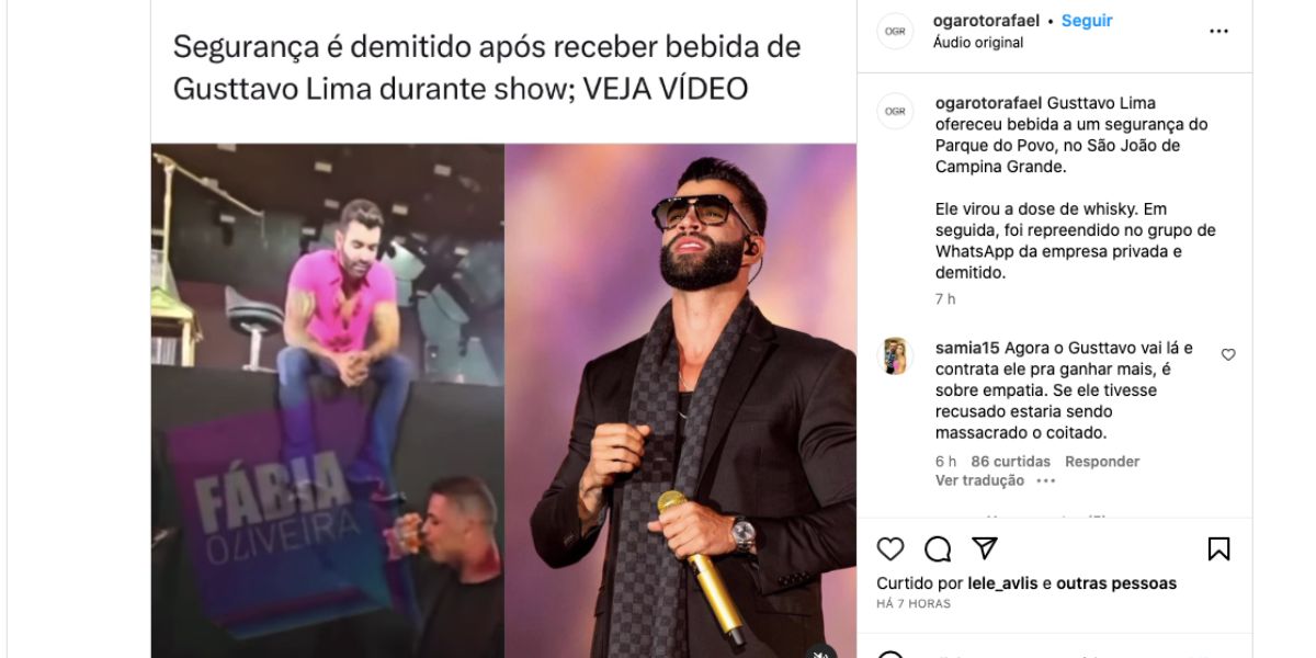 Gusttavo Lima dá bebida para segurança, que é demitido (Foto: Reprodução / Instagram) 