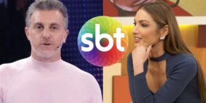 Luciano Huck no Domingão, logo SBT e Patrícia Poeta no Encontro (Fotos: Reproduções / Globo /  SBT)