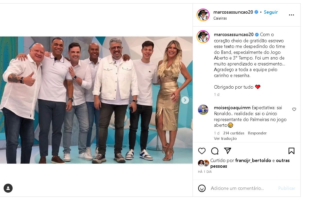 Publicação de despedida de Marcos Assunção - Foto Reprodução Instagram