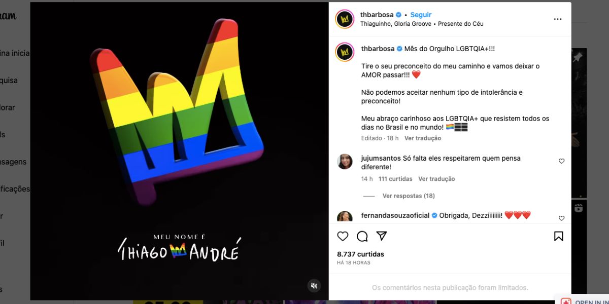 Thiaguinho faz anúncio sobre mês LGBT+ (Foto: Reprodução / Instagram) 