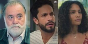 Antônio, Luigi e Aline em cenas de Terra e Paixão (Foto: Reprodução / Globo / Montagem TV Foco)