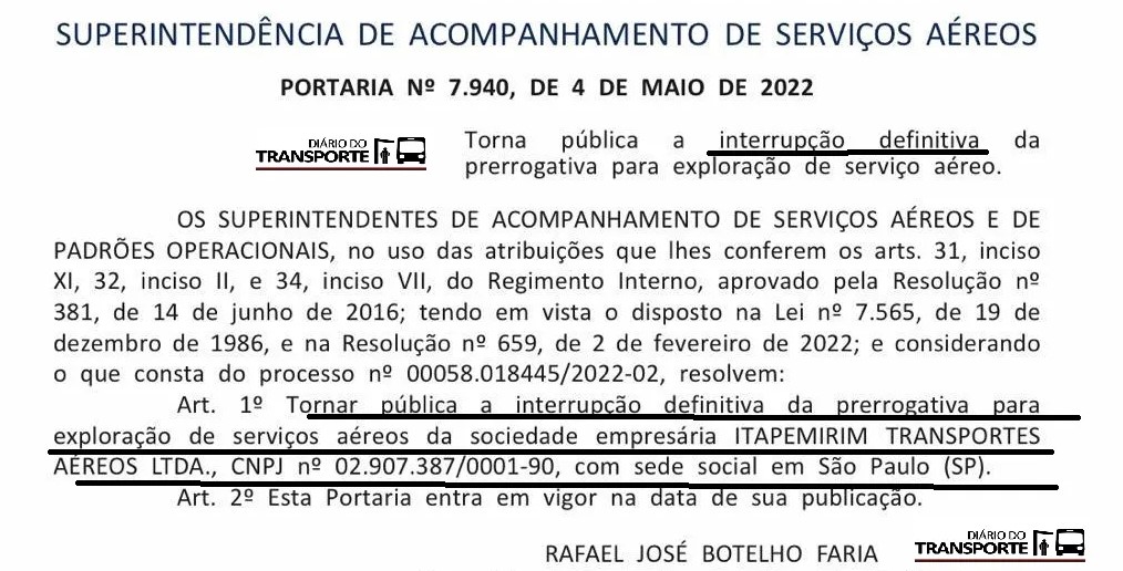 ITA Transportes Aéreos do grupo Itapemirim não pode mais atuar com transportes aéreos (Foto: Reprodução / Internet)