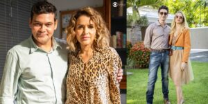 Tadeu (Claudio Gabriel), Gladys (Leona Cavalli), Daniel (Johnny Massaro) e Graça (Agatha Moreira) em cenas de Terra e Paixão (Foto: Reprodução / Globo / Montagem TV Foco)