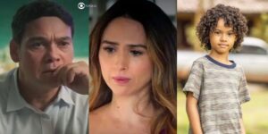 Tadeu, Anely e João em cenas de Terra e Paixão (Foto: Reprodução / Globo / Montagem TV Foco)