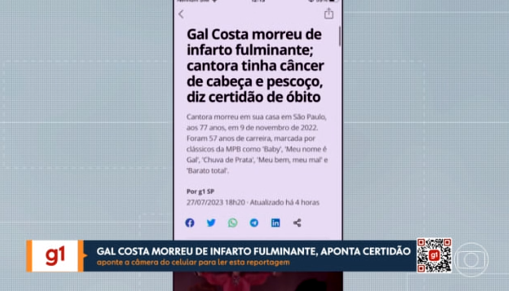 Notícia do G1 revela causa da morte de Gal Costa (Foto Reprodução/Globoplay)