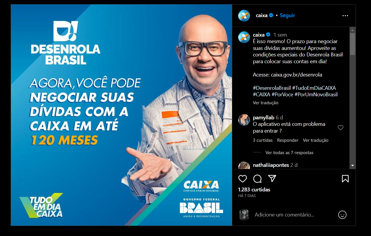 Publicação da Caixa sobre o Desenrola Brasil (Foto Reprodução/Instagram)