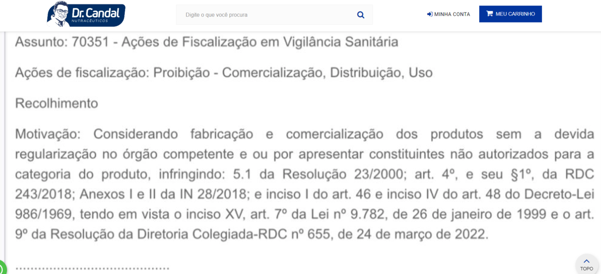 Aviso que consta no site oficial da DR Candal (Foto Reprodução/Internet)