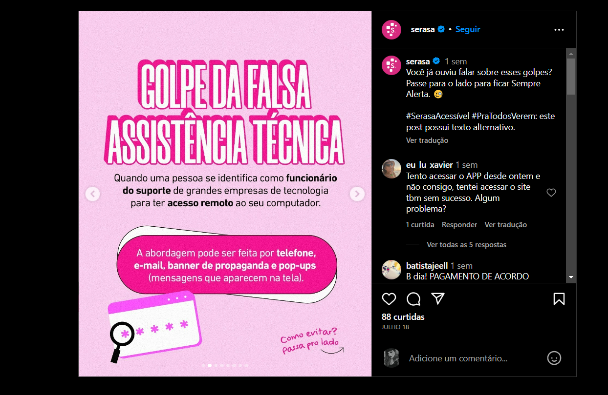 Serasa emite alerta contra Golpes (Foto Reprodução/Instagram)