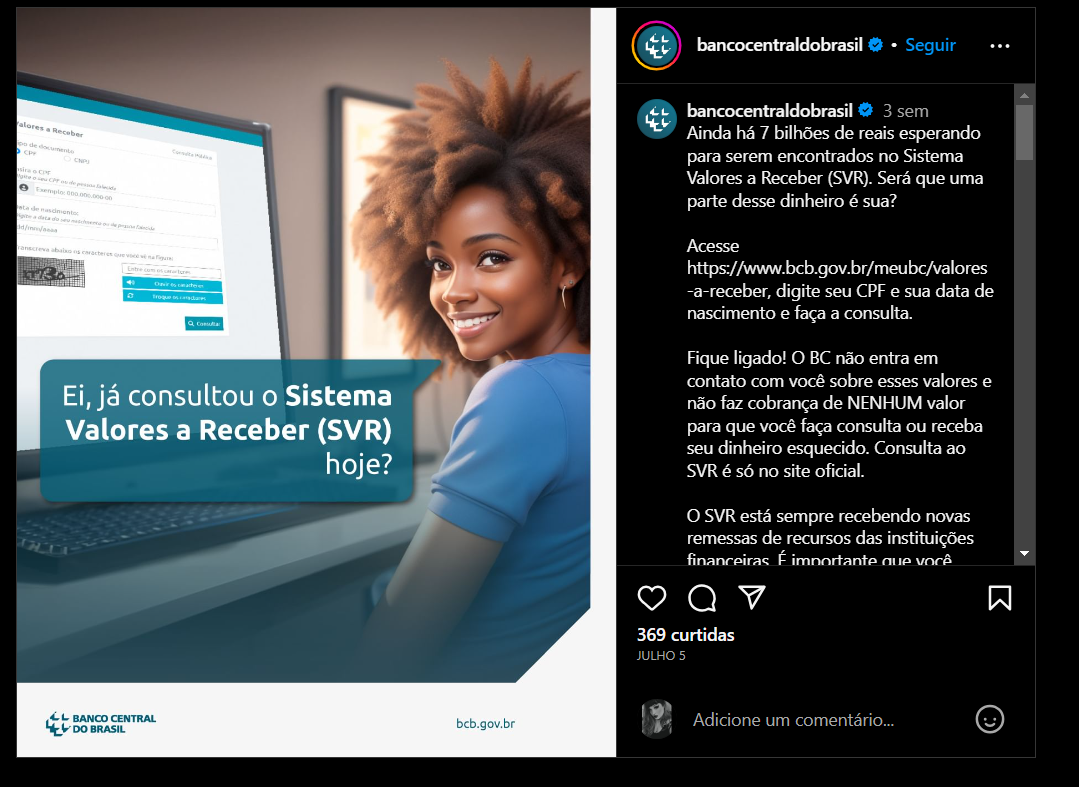 Comunicado feito pelo Banco Central a respeito do SVR (Foto Reprodução/Instagram)