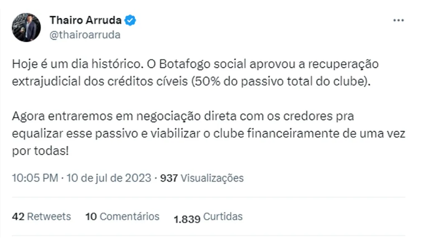 Postagem de Thairo Arruda sobre a recuperação do Botafogo (Foto Reprodução/Twiter)